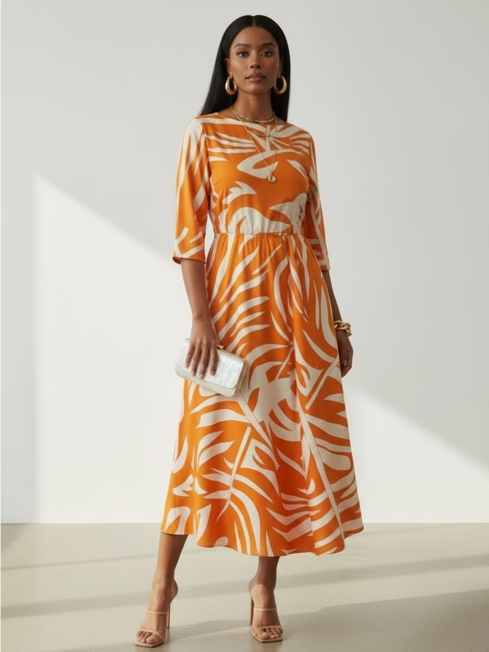 NWOT Orange and Cream Tropical Print Midi Dress